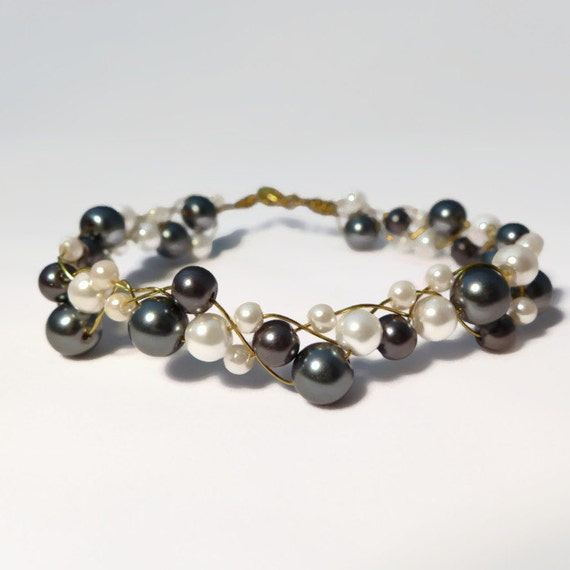 Gold Wire Wrapped Braided Glass Black Gray White Pearls (WB26)