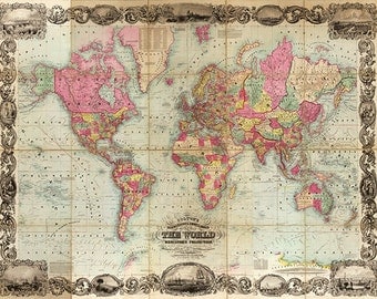 Map Of The World Vintage Poster World map Vintage Map print Antique map old prints map wall art old maps large map poster maps home decor wall map decor wall maps 24 x 36