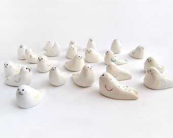 Cute Ceramic Seal Miniature in White Clay, Decorated with Multicolor Polka Dots. Ready To Ship