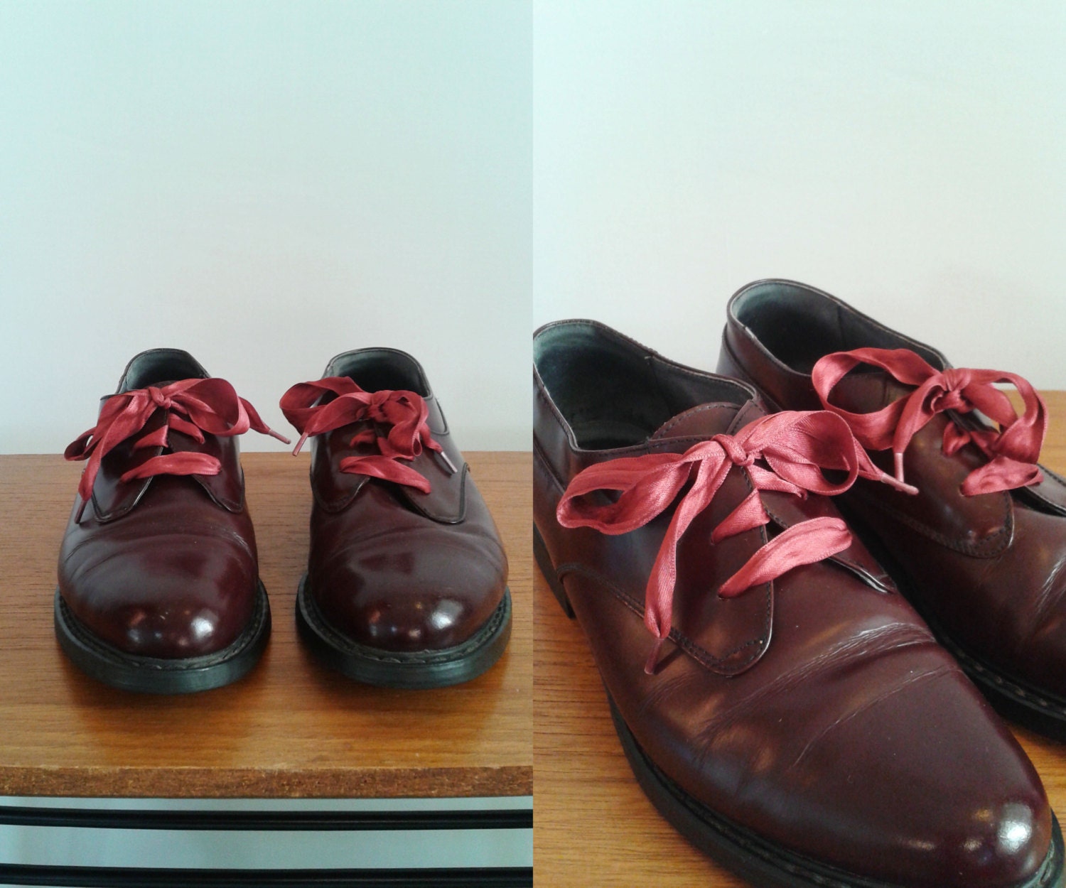 vintage burgundy shoes / Burgundy Oxfords With Ribbon Laces Red Flats