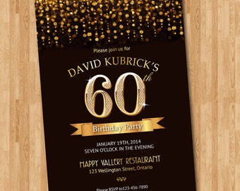 60th Birthday Invitation. Gold glitter diamond number birthday bash invite. Chalkboard background. Custom any color wording. DIY