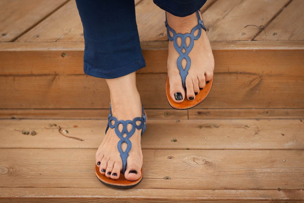 Blue Leather SandalsBlue Sandals Flat Sandals Summer Shoes