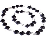 Beaded Necklace Bracelet Set, Onyx, Sterling Silver Findings, Black