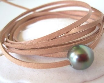 Leather and Tahitian Pearl Wrap Bracelet, Pearl and Leather Bracelet, Leather Choker Necklace, Pearl Bracelet, Leather and Pearl Jewelry