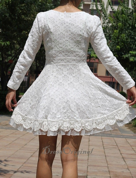 white lace dress white mini dress / Long Sleeved White Lace