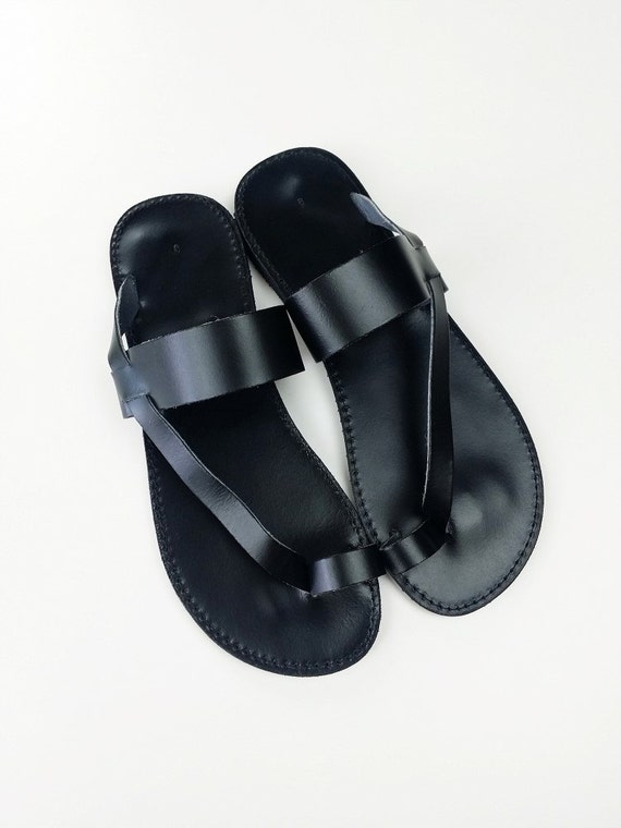 Toering Black Leather Flat Sandal - Handmade Greek Sandals