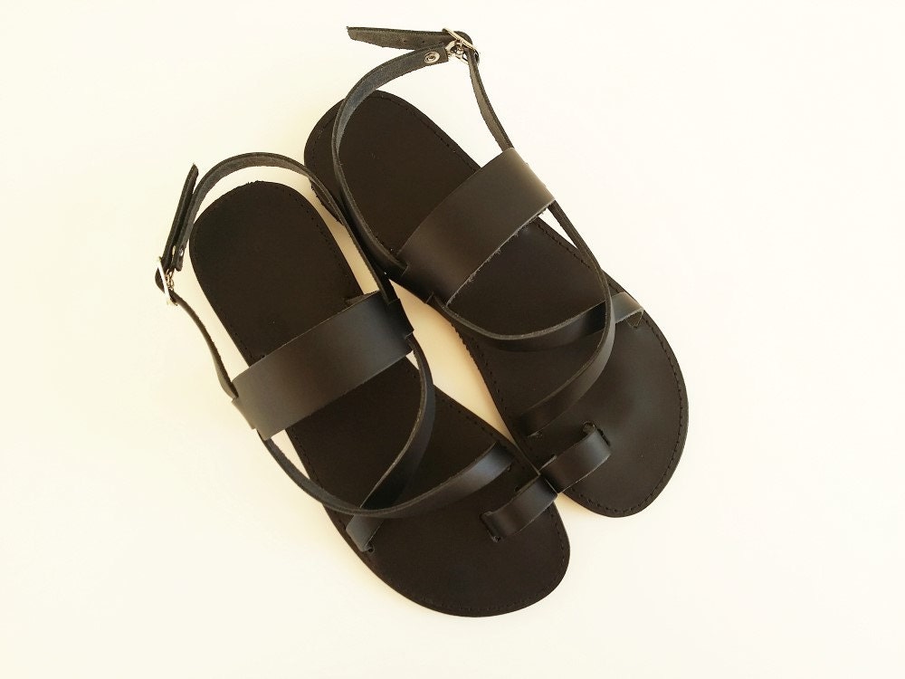 Women Leather Black Flat Sandals Greek Sandals Women