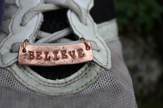 Copper Shoe-plate/ pendant for runners and athletes stamped with BELIEVE