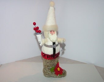 Handmade Vintage Style Cotton Batting Santa in a Glass Glittered Boot; Christmas Decoration