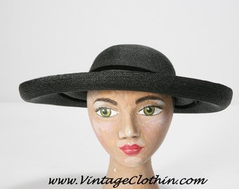 1940s Sibley’s Cartwheel Straw Hat, 1940s Hat, Cartwheel Hat, Vintage Hat, Straw Hat, Black Hat, 1940s Straw Hat, 1940s, Deisigner Hat