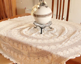 circle cream color Handmade Vintage Lace Tablecloth diameter of 165 cm ...