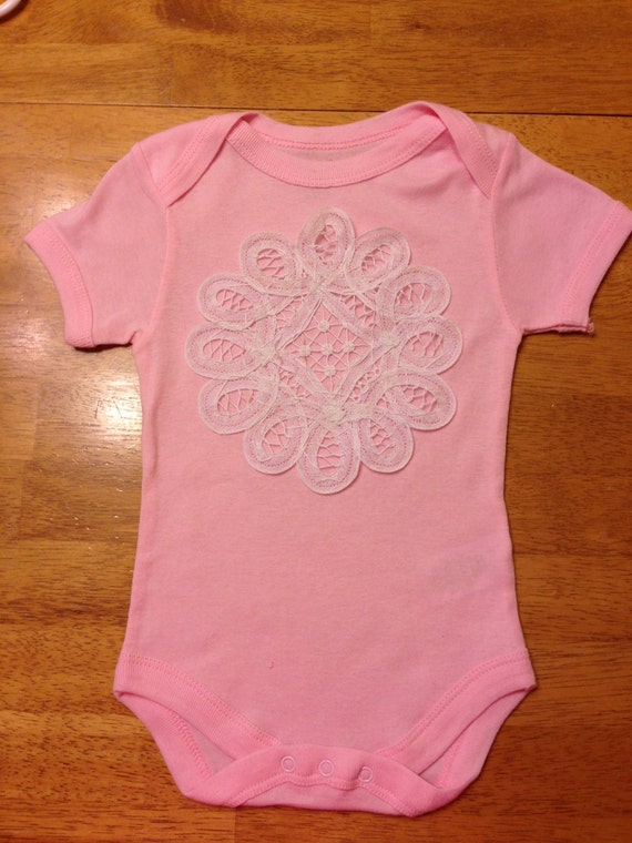 Pink Baby Onesie with Lace Flower detail by SweetLittleUBoutique