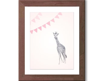 Baby Giraffe Nursery Art - Watercolor Giraffe Print - Giraffe Nursery Decor - Pink and Gray Nursery Art - Baby Girl Nursery Art - G130