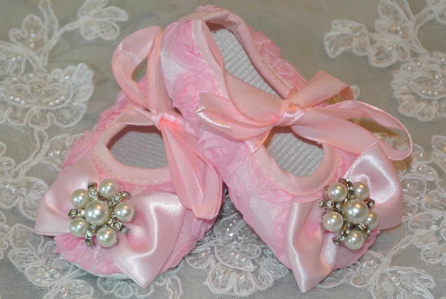 Pink Satin Baby Crib Shoes Baby Rosette Shoes Princess baby