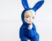 Cobalt Blue Glitter Bunny Baby, Child Figurine, Painted Ceramic, Brilliant Royal Navy Blue
