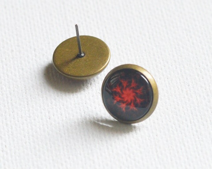 ABSTRACTION Stud Earrings metal brass depicting fashionable art, Vintage, Glamour, Style, Black and Red, Art,Galaxy