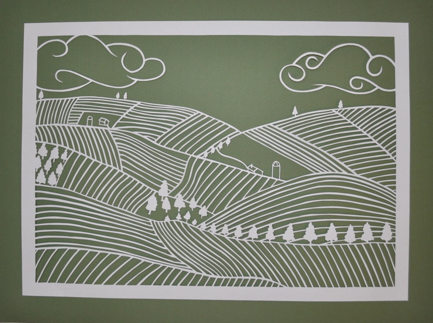 Original handmade paper cut. Agricultural landscape. Fine art