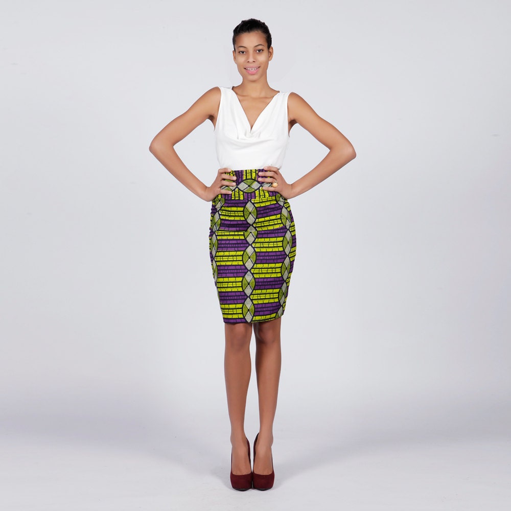 Purple Lime African Print Pencil Skirt Purple and Green