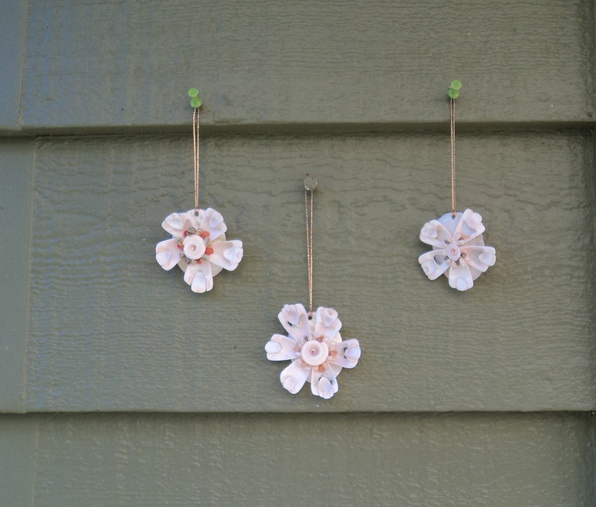 Lot of 3 Delicate Seashell Flower Christmas Ornaments,Cut Strombus Shell Ocean Decor