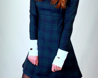 1960's Reproduction Tartan Mod Dress,, contrast Peter Pan collar and cuffs