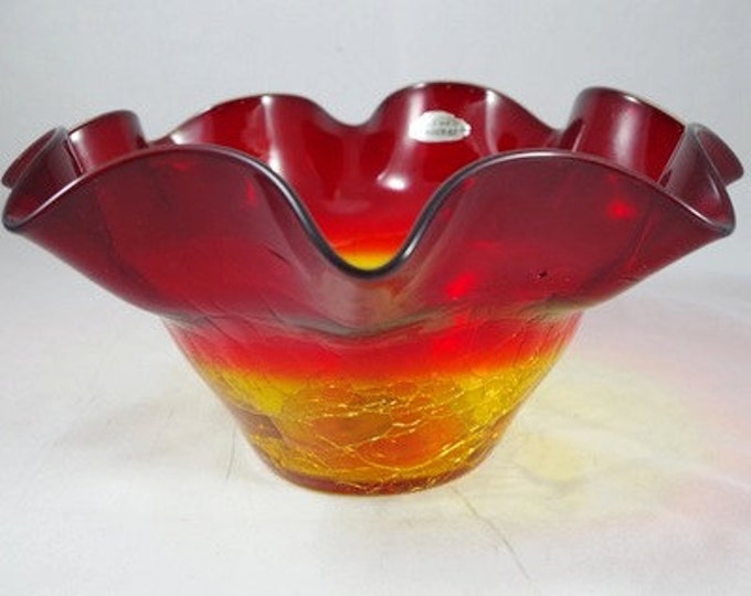 Storewide 25% Off SALE Vintage Crackle Glass Tangerine Style Blenko Ruffle Edge Decorative Bowl Featuring Fluted Design In Shaded Red & Yell