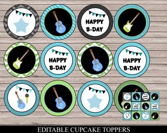 Rock Star Cupcake Toppers, Instant download, chalkboard, blue and 