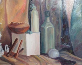Oil painting still life with bottles and bowl