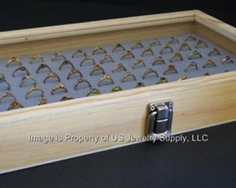 2 Natural Wood Glass Top Lid 72 Ring Grey Showcase Jewelry Display Cases 2 Natural Wood Glass Top Lid 72 Ring Grey Showcase Jewelry Display Cases