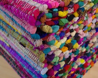 Fab! Hand Made Stripy Rainbow Colour COTTON Rag Rug Recycled Boho Hippy ...