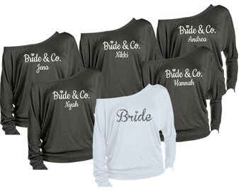 6 Personalized Bridesmaids Shirts. Brides Shirts. Maid of Honor Shirts. Bridal Entourage Shirts. Bachelorette Party Off The Shoulder Shirts.