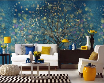 Fantasy Forest Wallpaper Wall Mural Art Bedroom Midnight Dark Blue Dream Night Woods Tree Wall Covering Fairy Tale Colorful Nature