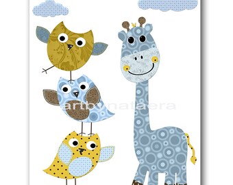 INSTANT DOWNLOAD Art Owl Nursery Digital Print Baby Boy Nursery Giraffe Nursery Printable Wall Art Digital Download Art 8x10 11X14 Blue