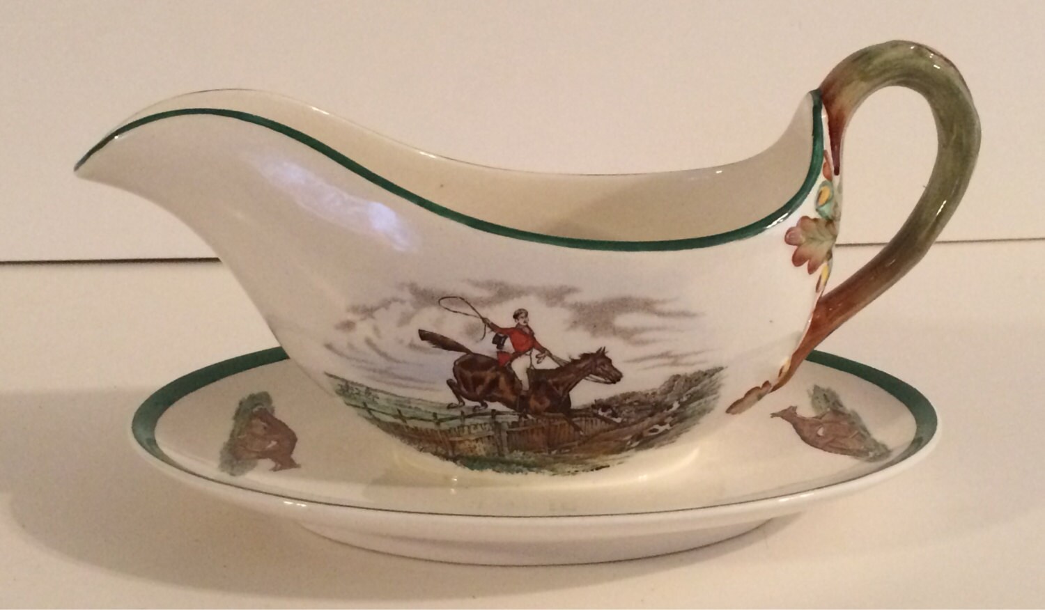 Antique Copeland Spode England “The Chase” Gravy Bowl w/ Attached Plate