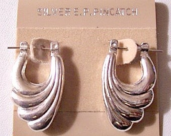 Wave Layered Hoops Pierced Earrings Silver EP Tone Vintage Large Graduated Curl Ribs