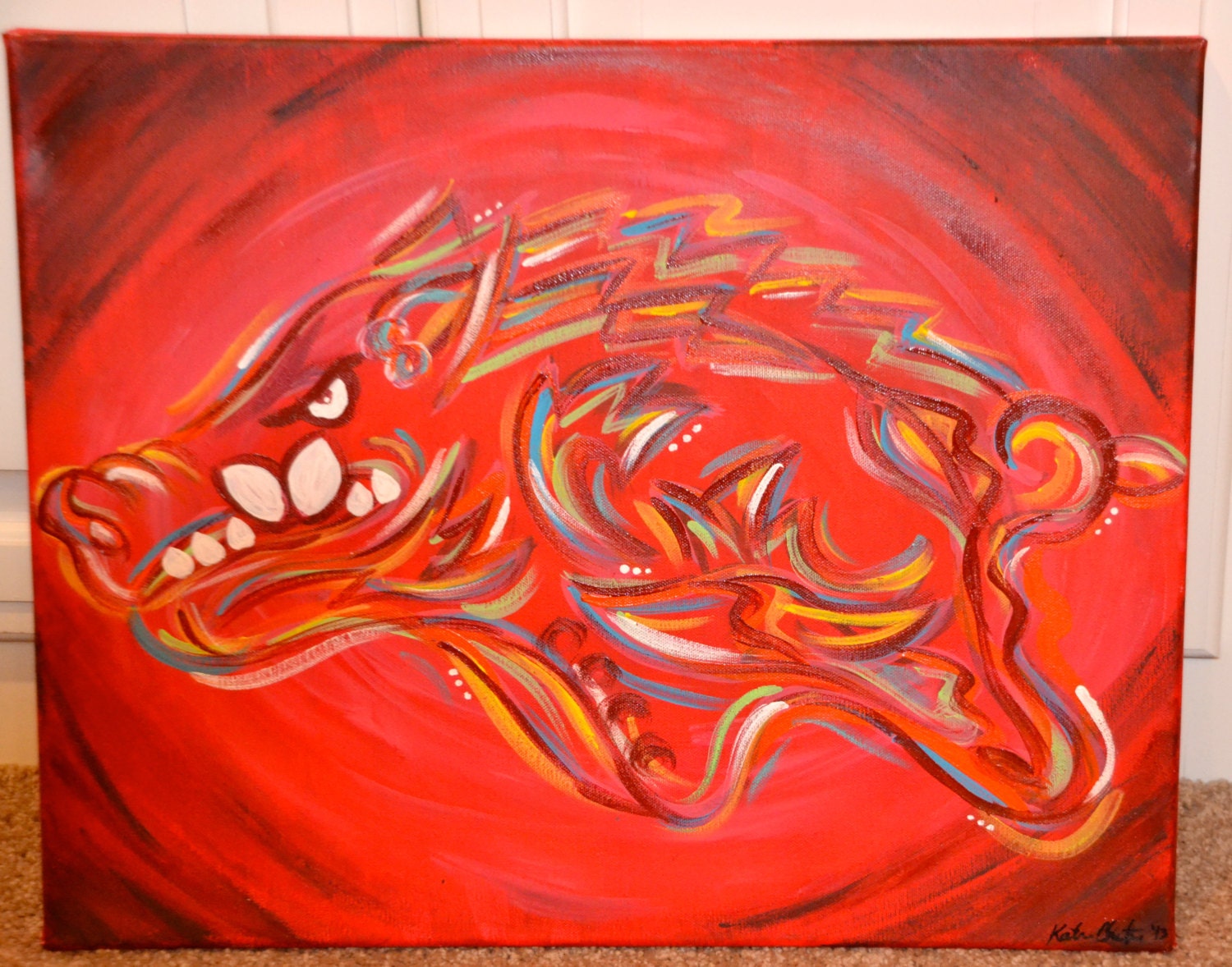 Rainbow Razorback Acrylic Painting by PaintedPiggys on Etsy