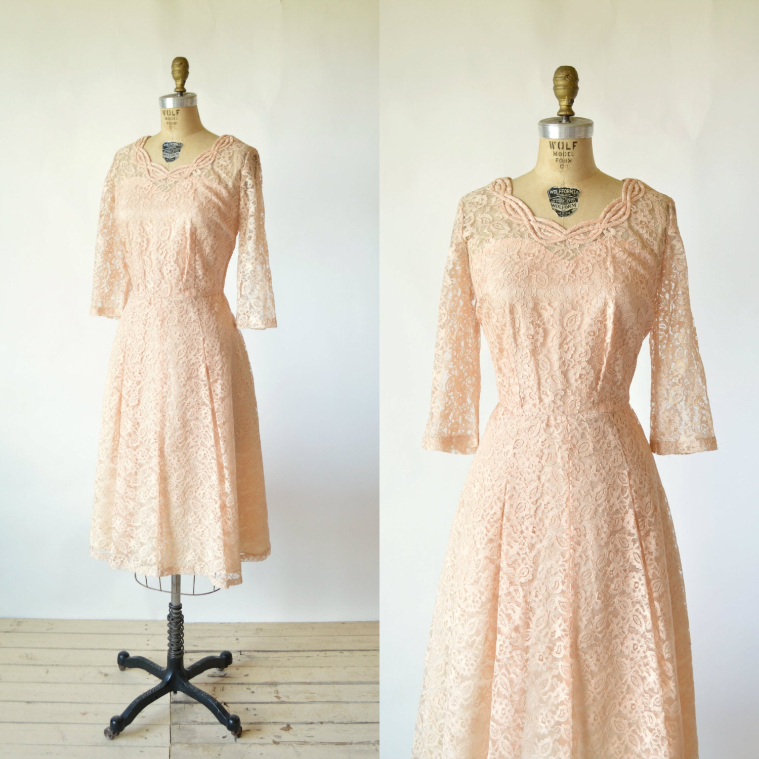 1950s Peach Dress Vintage Lace Party Dress