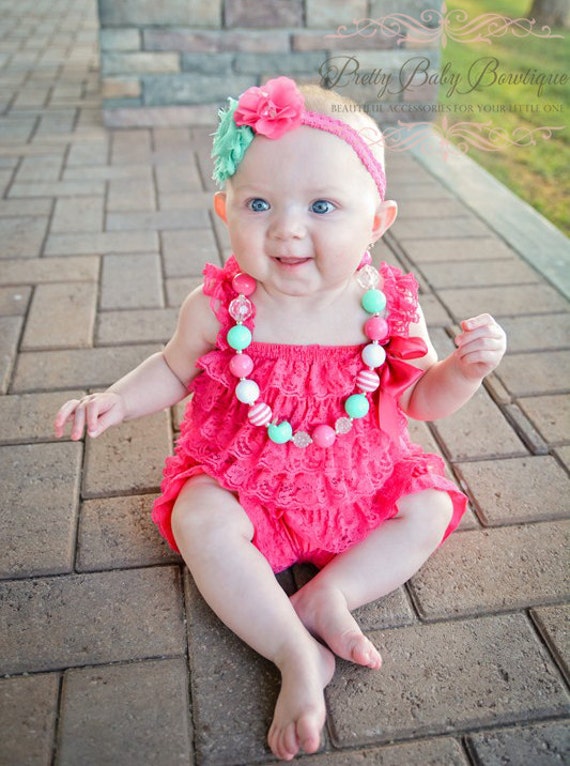 Baby Hot Pink and Mint Lace Romper Headband by PrettyBabyBowtique