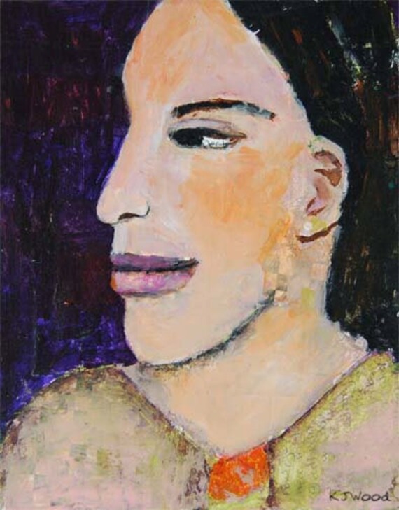 Acrylic Portrait Painting, Collage, Looking East, Woman, Profile, Green, Orange, Purple, Black, 8x10 canvas panel