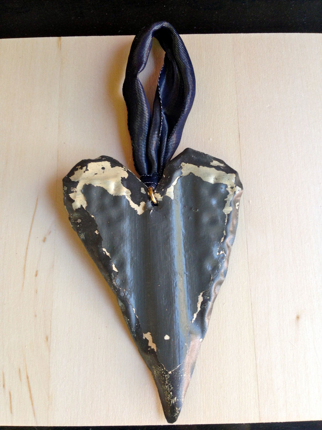 Antique Ceiling Tin Ornament / Gray Heart / Architectural Salvage