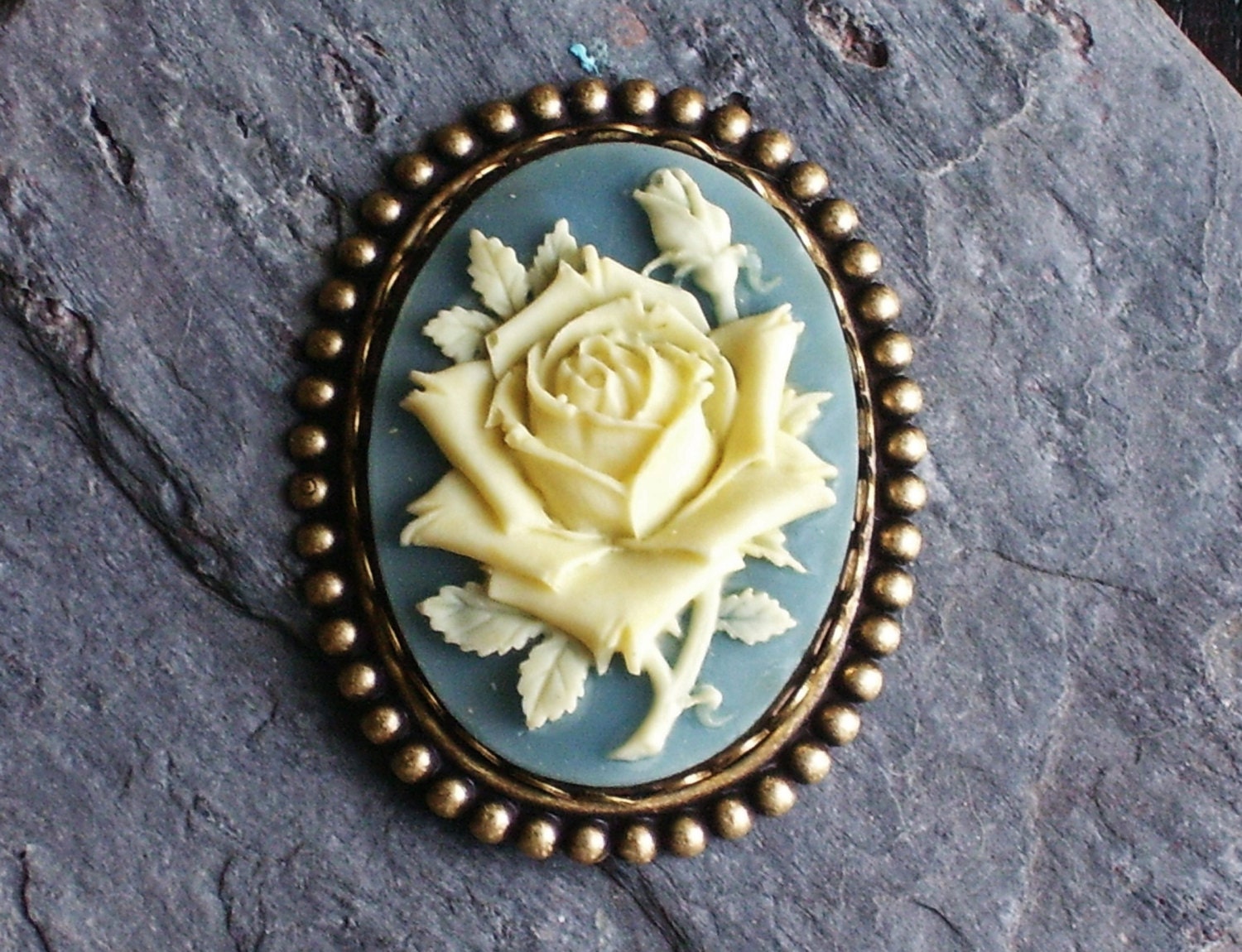 Rose flower cameo brooch vintage blue and ivory brooch