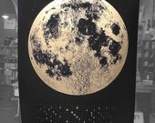 2014 Moon Phases Calendar, 22x30 large screenprint, silver gold or grey print on black, luna lunar wall art, space, stars