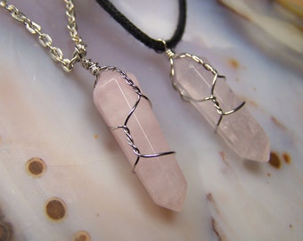 Rose Quartz crystal necklace pendant - Double Terminated stone point - wrap - light pink Quartz stone - silver wire wrapped made to order