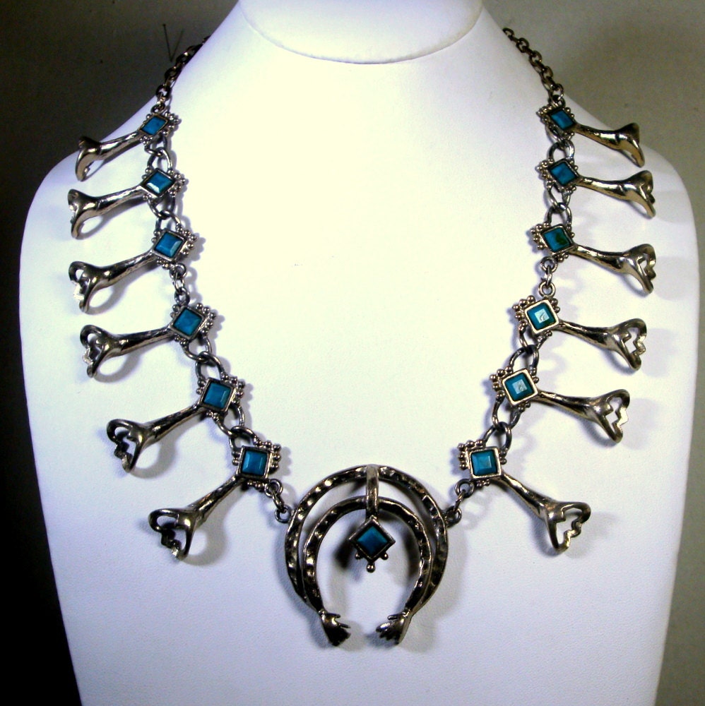 Vintage Squash Blossom Necklace Faux Turquoise and Silver