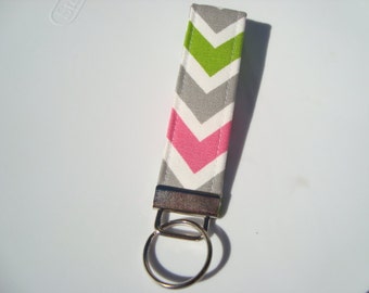 Wristlet Key Fob / Key Chain -Chartreuse Candy Pink Chevron Zig Zag
