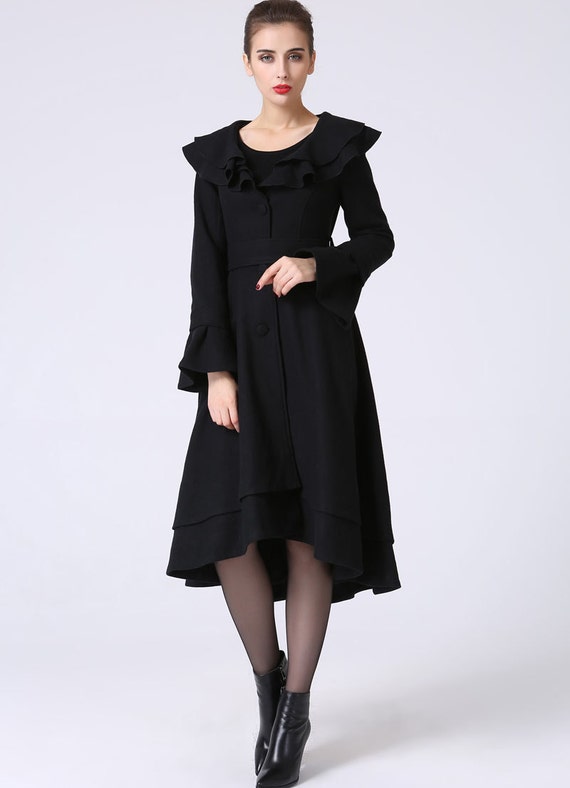 Black Ruffles Dress Coat Soft Feminine Romantic Style Wool