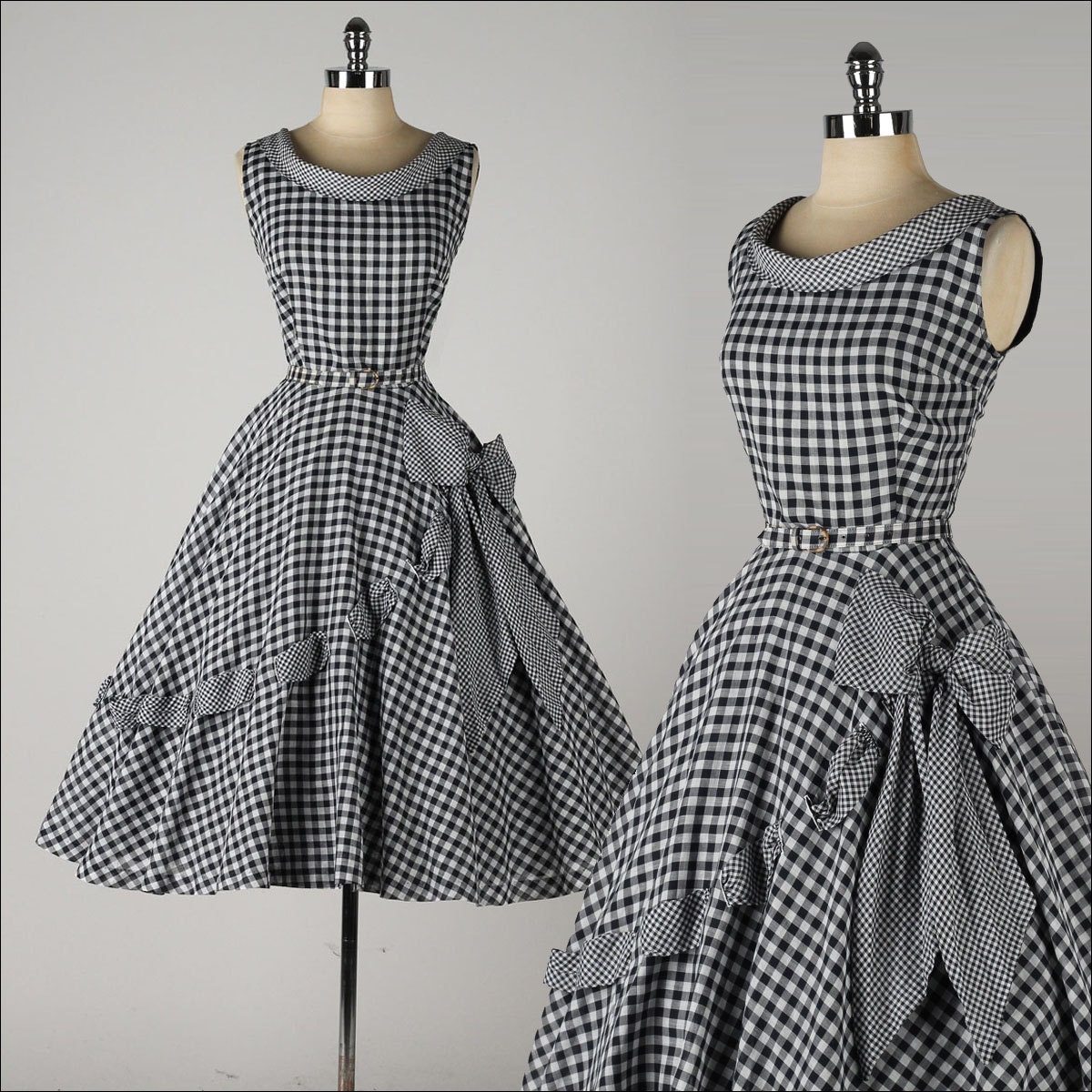 robe vintage des années 1950. coton Vichy noir. archet de