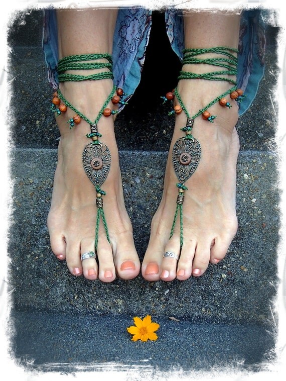 Woodland FAIRY BAREFOOT sandals Pea Green Tribal ANKLETS Gypsy Sandals ...