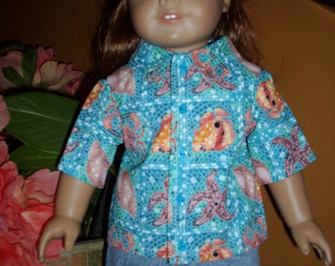 blue ocean print short sleeve shirt and jeans for the summer fits 18 inch dolls