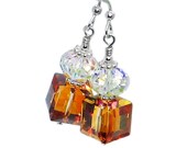 Geometric Cubic Crystal Sterling Silver Earrings - Copper and Crystal