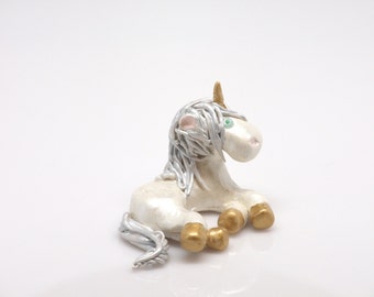OOAK Polymer Clay Unicorn Miniature Statue, Silver Hair, Gold Horn ...